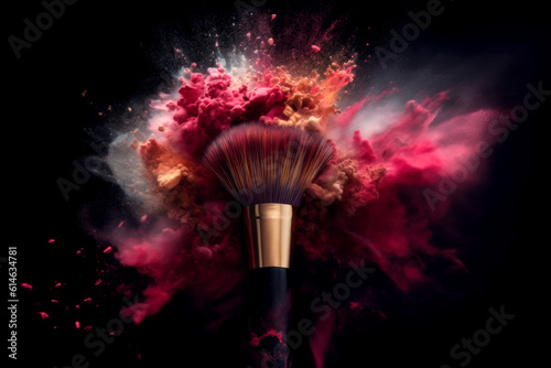 Makeup brush with colorful powder explosion or eyeshadow isolated in dark background. generative AI