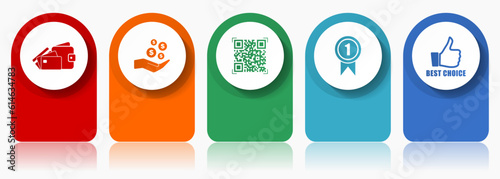 Shopping icon set, miscellaneous vector icons such as money, wallet, qr code, badge and like sign, modern design infographic template, web buttons in 5 color options