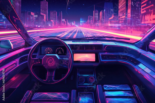 Dynamic Night Drive: Futuristic Synth-Wave Car with Purple Neon Lights. Generative AI