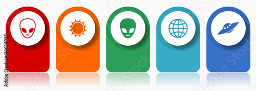 Alien icon set, miscellaneous vector icons such as star, ufo, space ship and globe, modern design infographic template, web buttons in 5 color options