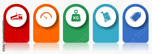 Transport icon set, miscellaneous vector icons such as truck, speedmeter, kg, barrow and ticket, modern design infographic template, web buttons in 5 color options