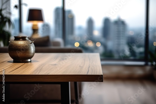 Empty wooden table top with out of focus lights bokeh rustic farmhouse kitchen background | Table top and blurred kitchen room as background, Generative AI