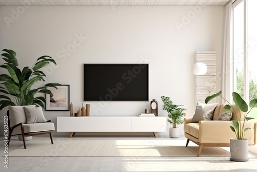 Interior mock up living room. cabinet for TV or place object in modern living room with lamp,table,flower and plant. AI Generative. © Azar