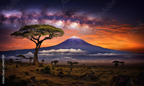 Mount Kilimanjaro landscape with cloudy sky at night and savannah in the foreground