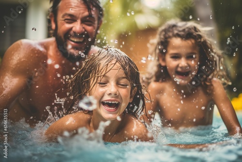 Family having fun in the pool in summer vacations. Generative AI, Generative AI © Cavan