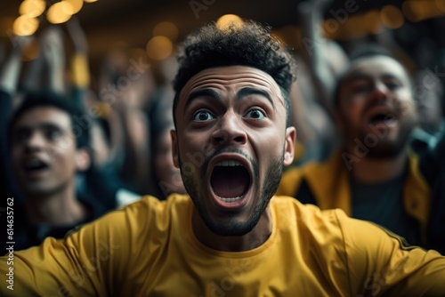 Excited Brazilian soccer fan screaming with passion. Generative AI, Generative AI