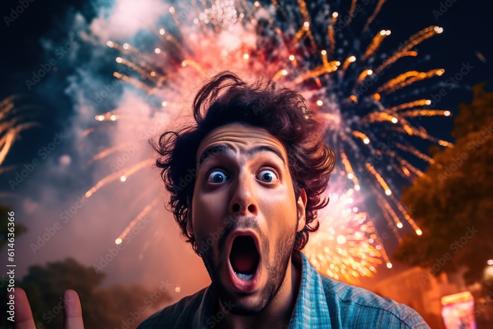 Man showing scary expression for fireworks. Generative AI, Generative AI
