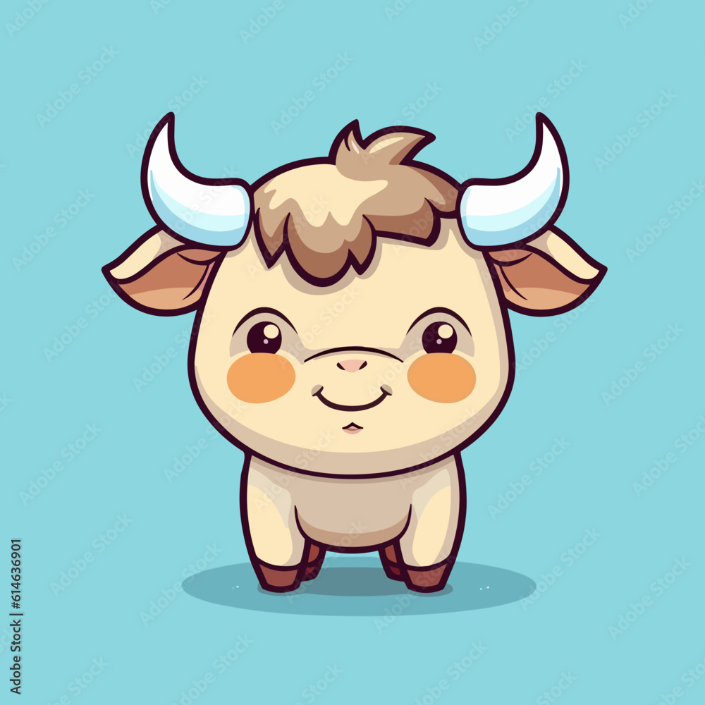 Bull. Cute little cartoon kawaii anime character. Domestic Pet. Wild Animal. Flat vector Bull. Cute little cartoon kawaii anime character. Domestic Pet. Wild Animal. Flat vector