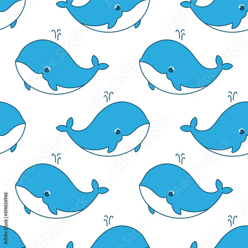 Vector seamless pattern with a cute whale on a white background. Animal character illustration hand drawn