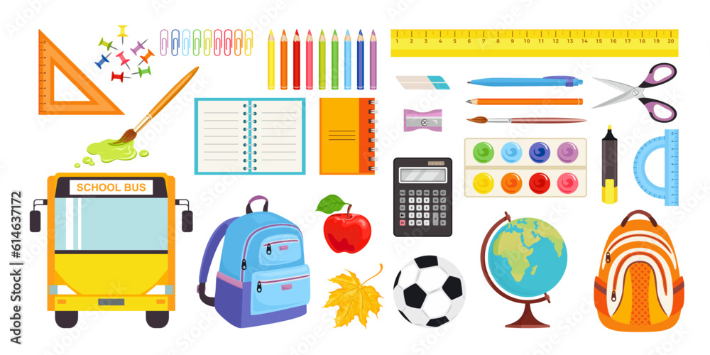 School and education vector illustrations. Collection of cartoon icons with school supplies. School and education vector illustrations. Collection of cartoon icons with school supplies.