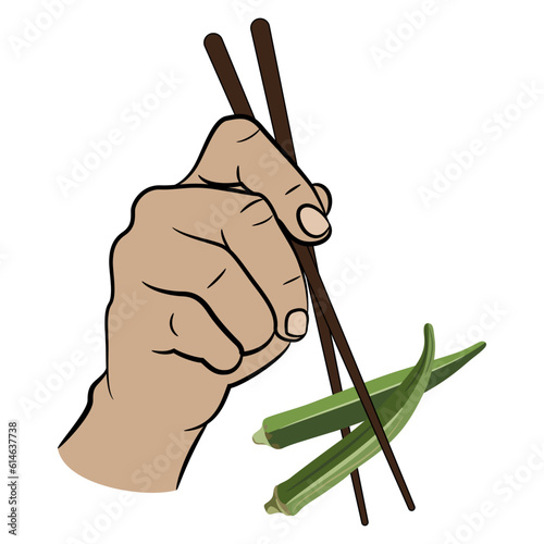 Human hand holding two green ripe pods or fruits of okra. Abelmoschus esculentus. Healthy vegetarian diet. Asian cuisine. Isolated vector illustration.