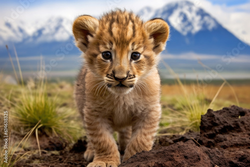 Lion cub in the backdrop of Mount Kilimanjaro 