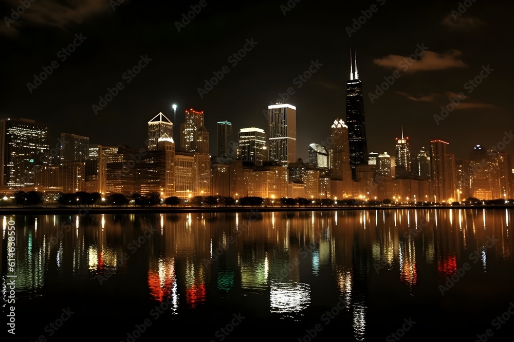 Mesmerizing Nighttime Chicago Skyline Illuminated in Splendor. Generative AI