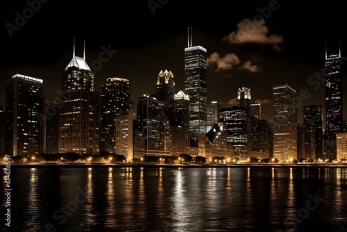 Mesmerizing Nighttime Chicago Skyline Illuminated in Splendor. Generative AI