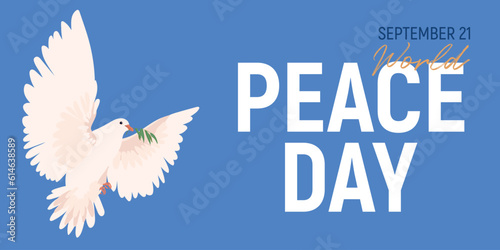International Day of Peace. Vector illustration. Concepts of real world peace. September 21. The world-famous symbol of consent is a white dove with an olive branch against a blue sky.