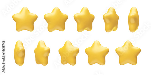 Set of rotating golden trophy stars 3d realistic style rendering. Leadership, game award, customer achievement and feedback symbol vector illustration isolated on white background