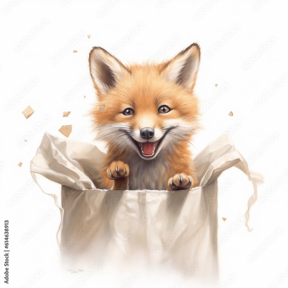 Fototapeta premium A Fox Pup Emerging From a Grocery Bag Generative AI