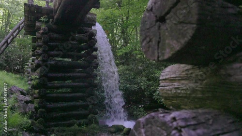 Mingus Mill water flow in the Great Smoky Mountains National Park with gimbal video close up. photo