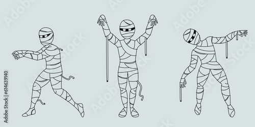 Mummy in different poses. Scary Halloween character in outline style.