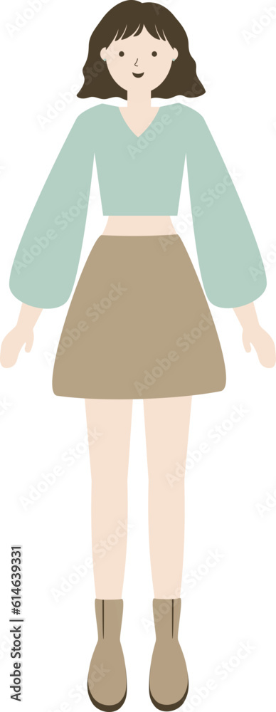 Short hair girl standing with smile, flat cartoon character Short hair girl standing with smile, flat cartoon character