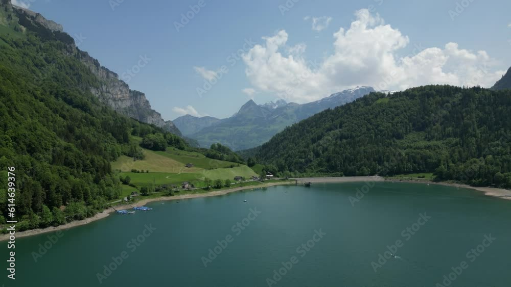 Drone View of Klöntalersee lake and nature scene in Glarus Canton, Switzerland Drone View of Klöntalersee lake and nature scene in Glarus Canton, Switzerland