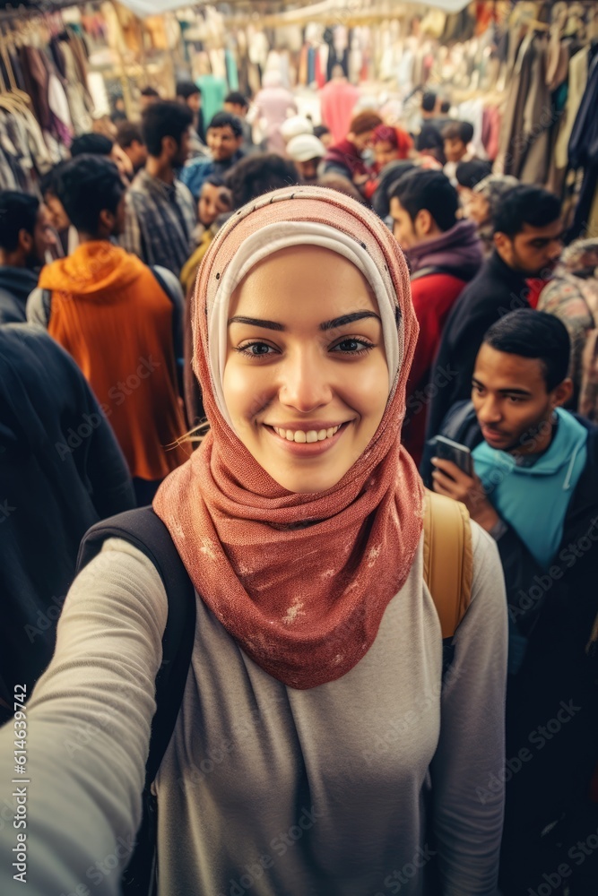 Obraz premium pretty, beautiful, very attractive middle eastern young woman looking at the camera posing at an Arab city market.