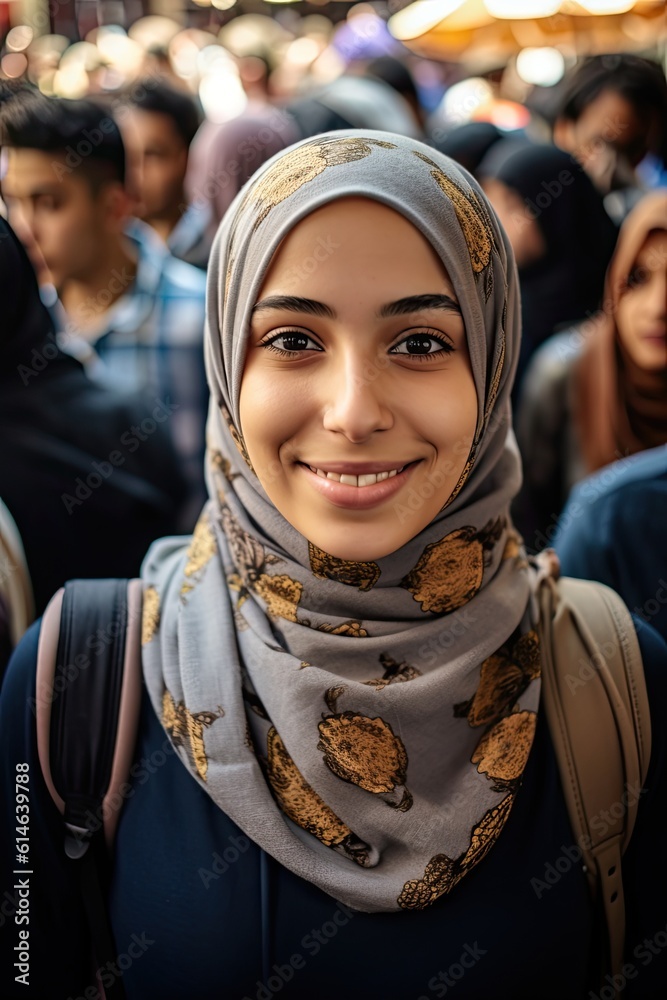 Naklejka premium pretty, beautiful, very attractive middle eastern young woman looking at the camera posing at an Arab city market.