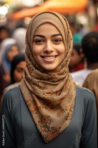 pretty  beautiful  very attractive middle eastern young woman looking at the camera posing at an Arab city market.