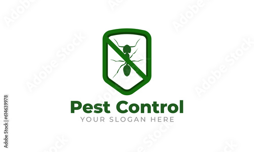 Pest control services logo. Ant silhouette with shield outline design vector