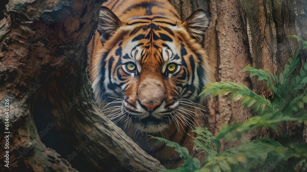 tigers monitor prey in the forest with trees all around