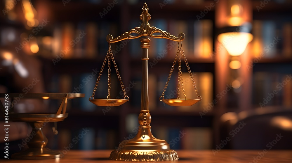 scales of justice with a bookshelf background behind it