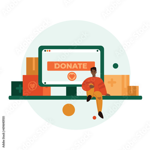 Young American man sitting on table near big monitor and boxes. Making online donations for homeless and elder persons. Social active youth. Vector flat illustration in green and orange colors