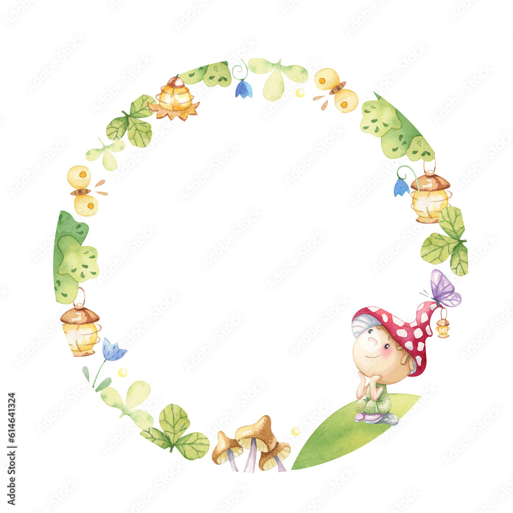 Watercolor wreath with a character on a fairy tale theme. Watercolor wreath with a character on a fairy tale theme.