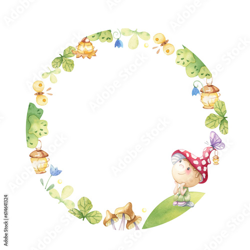 Watercolor wreath with a character on a fairy tale theme.