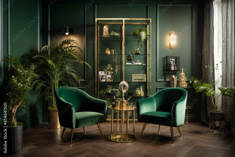 Luxurious living room with chic armchair, gold bar plants