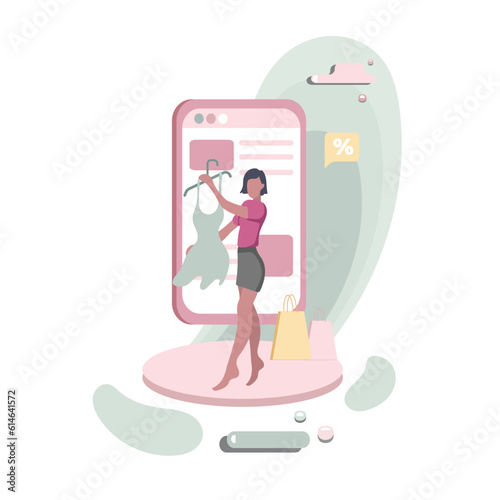 Faceless girl whips out and reconciles dress via mobile app. People ordering in online store on smartphone screen color 2d graphic. Vector flat style illustration