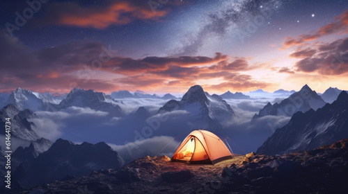 Amidst the African savannah  under the starry night sky  a tent awaits adventurous souls looking to embark on an unforgettable hiking experience at the foot of Kilimanjaro.