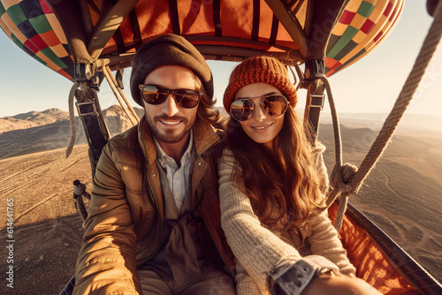 Illustration of lovely couple in hot air balloon