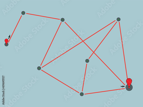 Airplane line routes. Path for a flight trip. Travel itinerary from start point. Plane complicated route. Airplane line trace.