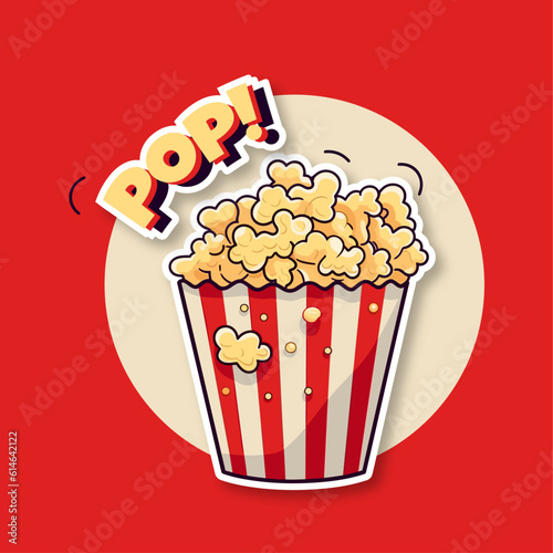 Popcorn in a red striped bucket illustration flat design. Pop corn box isolated on white background. Cartoon sticker cinema food 
