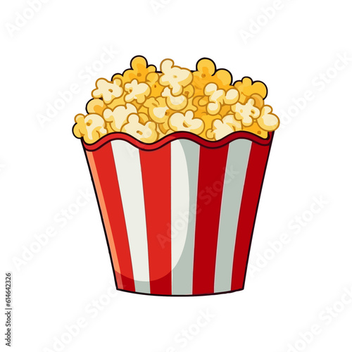 Popcorn in a red striped bucket illustration flat design. Pop corn box isolated on white background. Cartoon cinema cartoon flat trendy style