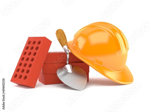 Trowel and bricks with hardhat