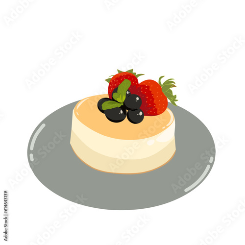 Illustration of cheesecake topped with blueberries, mint leaves and strawberries