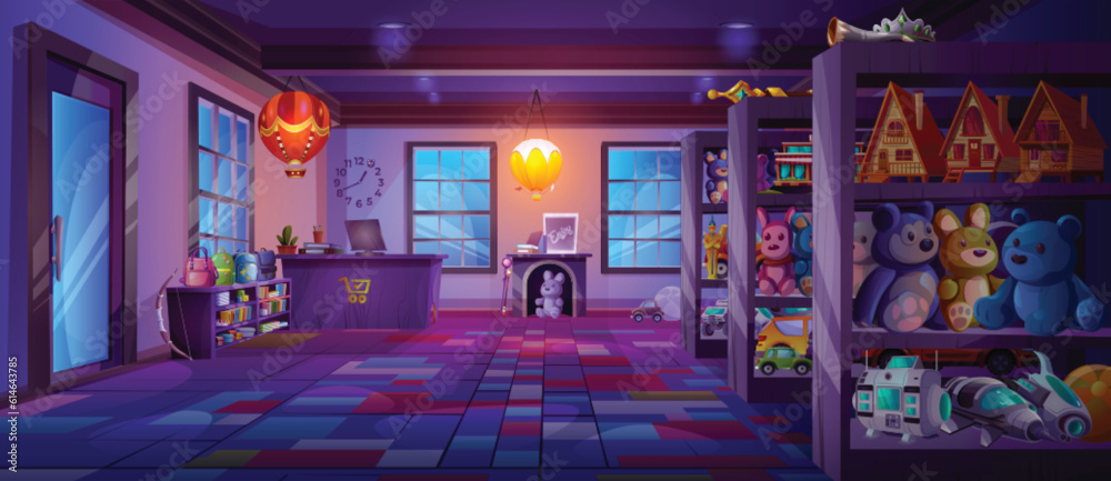 Cartoon toy shop with furniture and goods on shelves at night. Vector illustration of dark store room with backpacks, teddy bears, cars, rockets, books, houses, air balloons, computer on cash desk