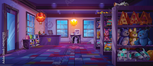 Cartoon toy shop with furniture and goods on shelves at night. Vector illustration of dark store room with backpacks, teddy bears, cars, rockets, books, houses, air balloons, computer on cash desk © klyaksun