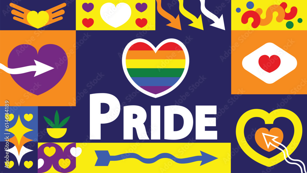 Pride vector banner design with geometric shapes, pride flag and colors and typography. happy pride celebration modern retro poster illustration for social media and websites.