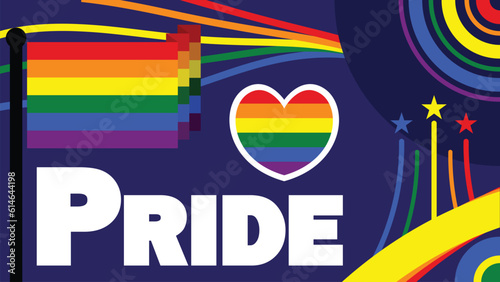 Pride vector horizontal banner design with pride flag and colors theme on a dark blue background. Celebrating pride poster illustration modern retro style.