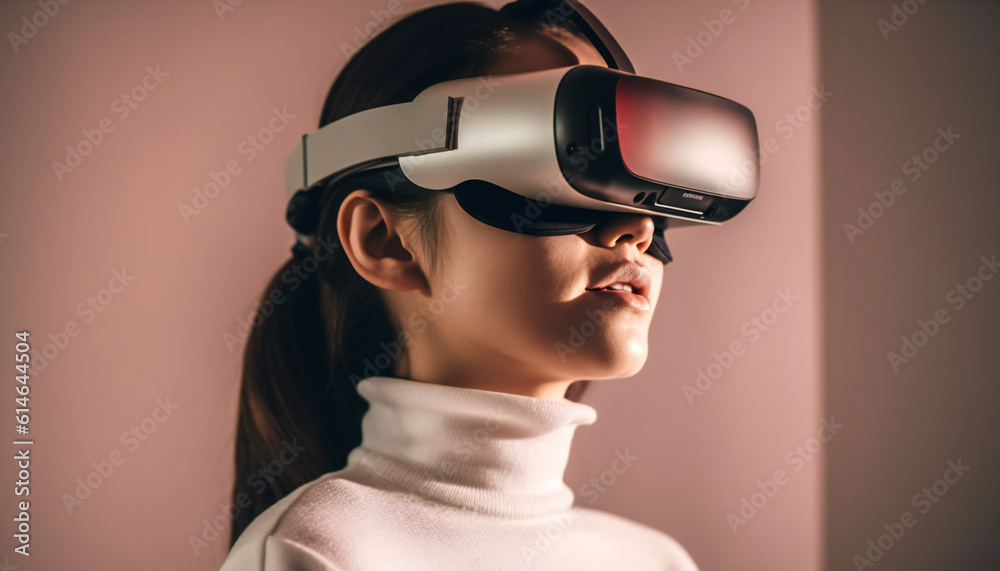 Happy Woman wearing VR headset for mixed reality vision. Pro device of spatial computing era. Generative ai