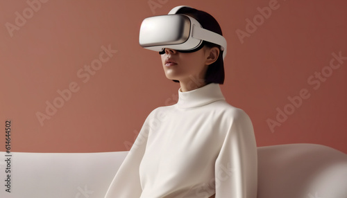 Woman in the room wearing VR headset for mixed reality vision. Pro device of spatial computing era. Generative ai photo