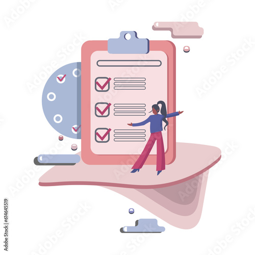 Time and deadline management in office routine, hard work 2d vector graphic. Girl with completed to do list. Flat style illustration on white background